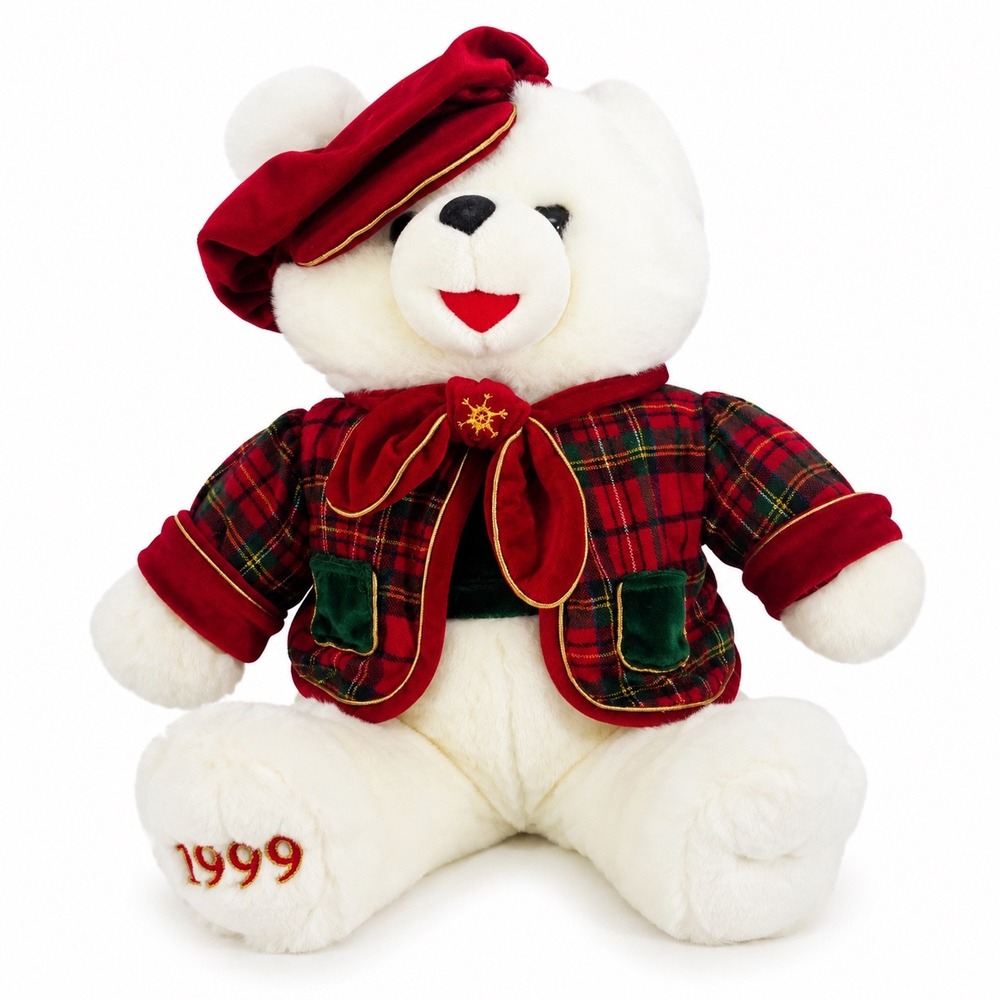 Vintage 1999 Snowflake Teddy White Plush Bear Holiday Plaid Jacket 16 Inch
